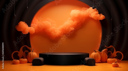 Halloween podium background pumpkin product platform scene display. Background orange autumn podium 3D render scary party spooky fall, happy halloween mockup abstract studio pedestal. Generative AI photo