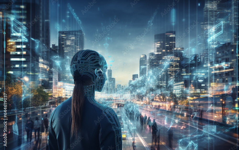 Artificial intelligence looking at smart city, AI control city infrastructure, data traffic, ensure safety. World communication Artificial intelligence looking at smart city, AI control city infrastructure, data traffic, ensure safety. World communication