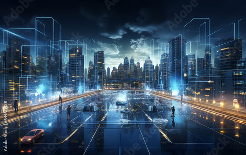 Artificial intelligence looking at smart city  AI control city infrastructure  data traffic  ensure safety. World communication 