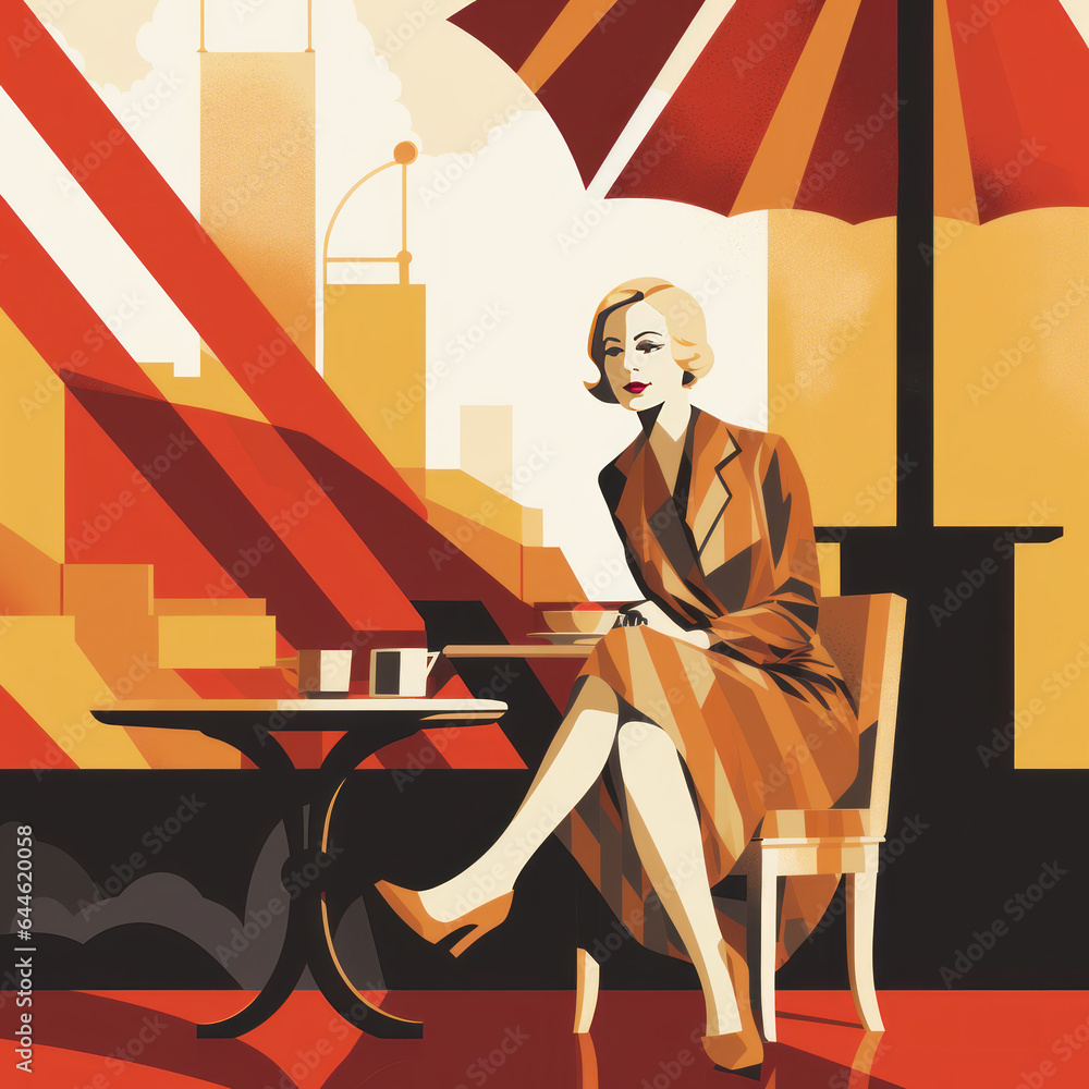 Deco style illustration of a woman at a café in 1920s Stock ...