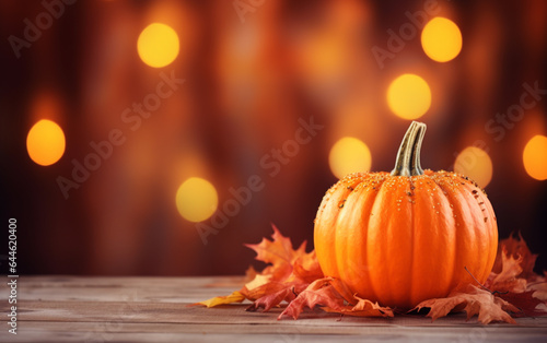 Autumn pumpkin with candles  maple leaves on blurred bokeh lights orange background with copy space. Wooden table. Halloween