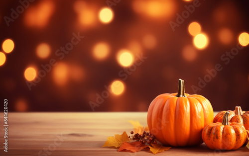 Autumn pumpkin with candles, maple leaves on blurred bokeh lights orange background with copy space. Wooden table. Halloween