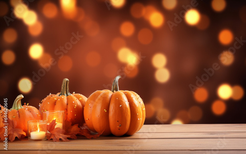 Autumn pumpkin with candles, maple leaves on blurred bokeh lights orange background with copy space. Wooden table. Halloween