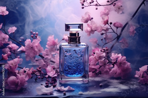 A delicate combination of sweet perfume and vibrant purple flowers creates a captivating atmosphere of beauty and luxury in this indoor scene