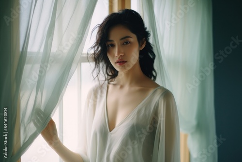 A graceful woman stands poised in front of the window, dressed in a fashionable ensemble that perfectly accentuates her beauty, evoking a feeling of timeless elegance Free Download A graceful woman stands poised in front of the window, dressed in a fashionable ensemble that perfectly accentuates her beauty, evoking a feeling of timeless elegance - GFXLoad