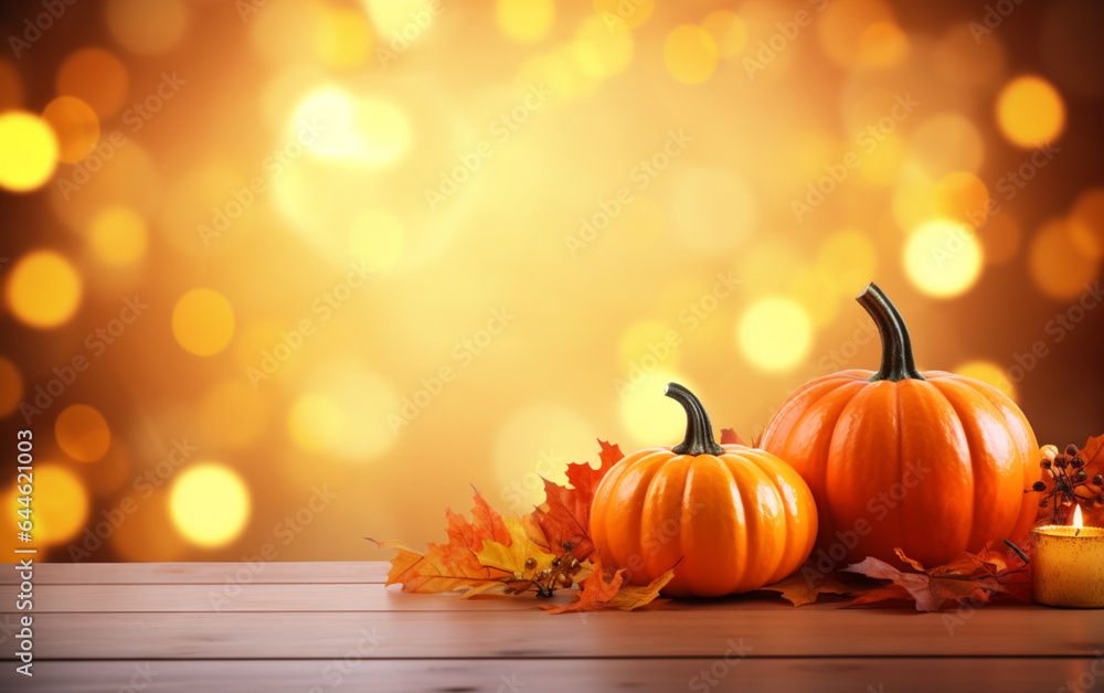 Autumn pumpkin with candles, maple leaves on blurred bokeh lights orange background with copy space. Wooden table. Halloween Autumn pumpkin with candles, maple leaves on blurred bokeh lights orange background with copy space. Wooden table. Halloween
