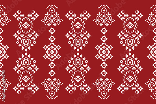 Ethnic geometric fabric pattern Cross Stitch.Ikat embroidery Ethnic oriental Pixel pattern red background. Abstract,vector,illustration. Texture,clothing,frame,decoration,motifs,silk wallpaper.