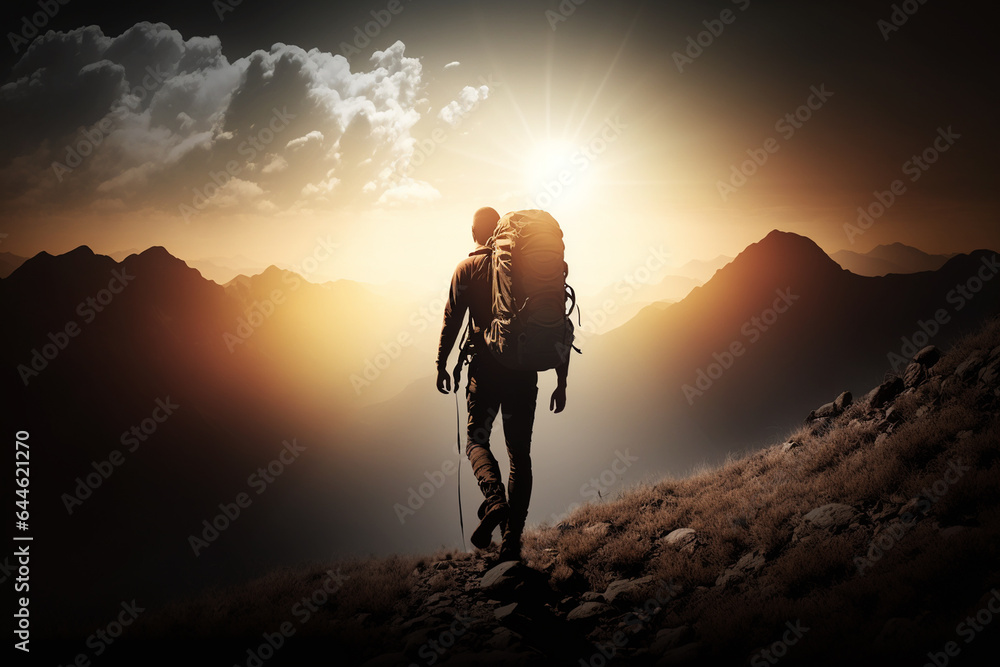 Hiker goes against sky and sun. Hiking concept. Created with generative AI technology
