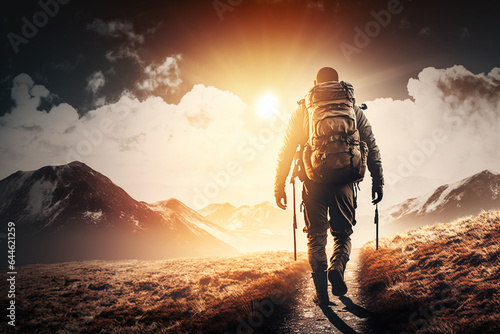 Hiker goes against sky and sun. Hiking concept. Created with generative AI technology