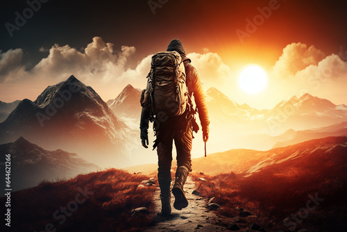 Hiker goes against sky and sun. Hiking concept. Created with generative AI technology photo