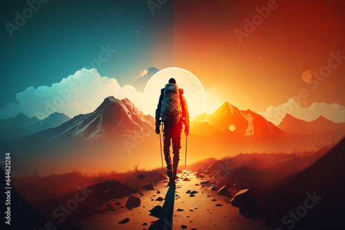 Hiker goes against sky and sun. Hiking concept. Created with generative AI technology