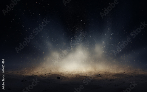 Background flying dust grains in a dark room with a dark dark background, Empty walls, particles lights, smoke, glow, rays