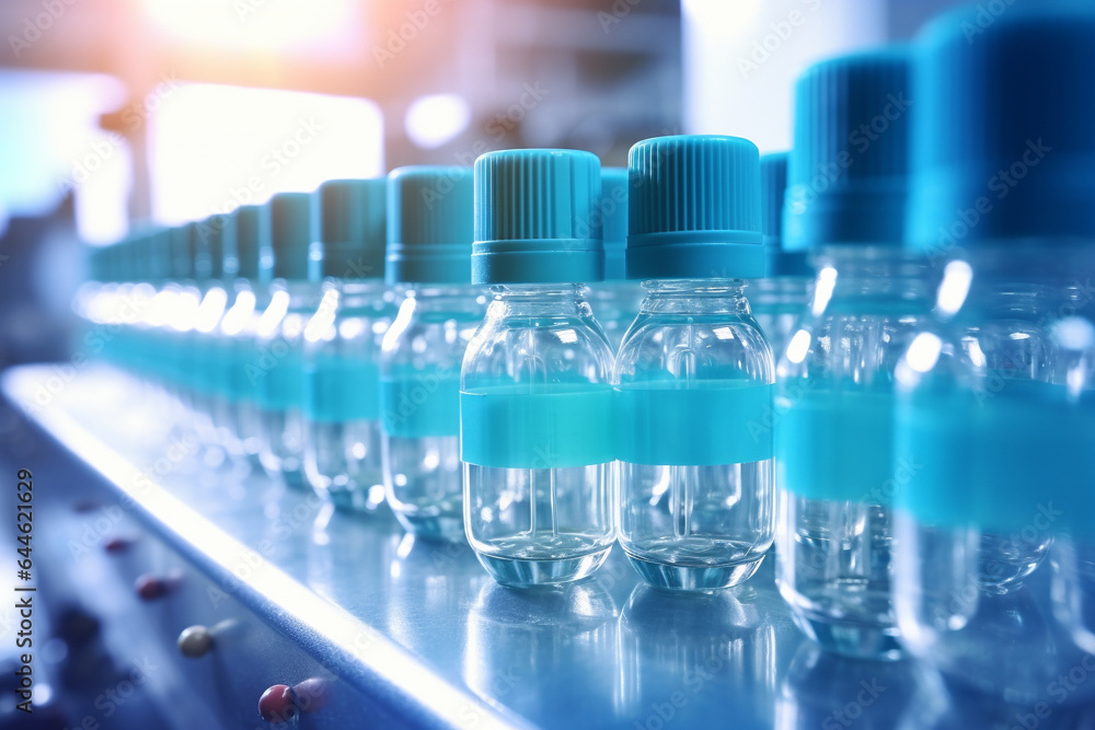 An industrial scene within a pharmaceutical factory, showcasing the production line with pharmaceutical glass bottles and machinery in motion. An industrial scene within a pharmaceutical factory, showcasing the production line with pharmaceutical glass bottles and machinery in motion.
