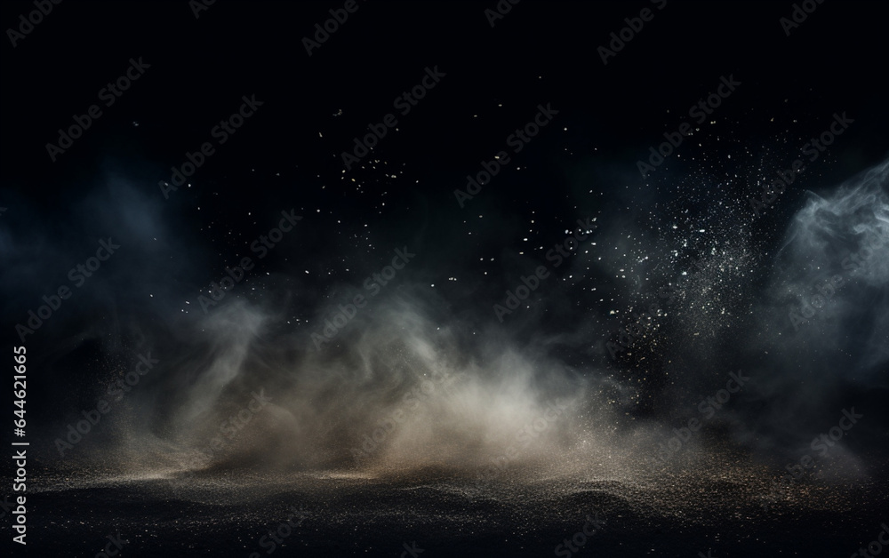 Background flying dust grains in a dark room with a dark dark background, Empty walls, particles lights, smoke, glow, rays Background flying dust grains in a dark room with a dark dark background, Empty walls, particles lights, smoke, glow, rays