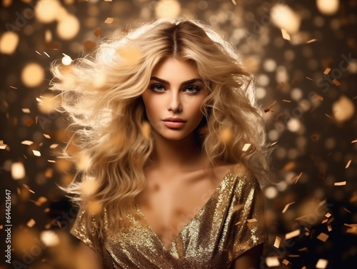 An elegant blonde woman in a gold dress exudes a festive and luxurious atmosphere  perfect for fashion and product advertising.