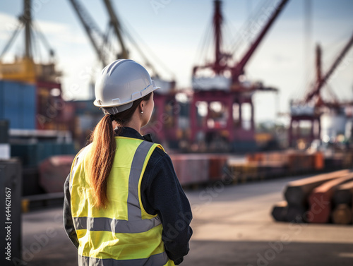 A female civil engineer, wearing a helmet, reviews drawings at a harbor's container terminal, seen from behind with a blurred background.