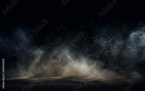 Background flying dust grains in a dark room with a dark dark background, Empty walls,  particles lights, smoke, glow, rays © MUS_GRAPHIC