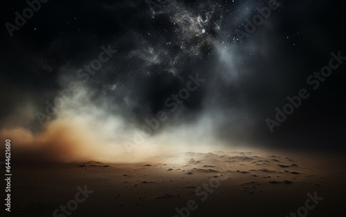 Background flying dust grains in a dark room with a dark dark background, Empty walls, particles lights, smoke, glow, rays