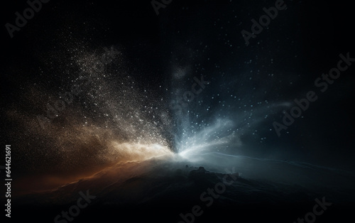 Background flying dust grains in a dark room with a dark dark background  Empty walls   particles lights  smoke  glow  rays