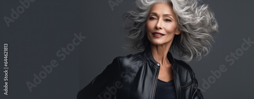 A mature woman exudes an air of sophistication and strength as she stands proudly in her stylish black leather jacket and grey hairstyle