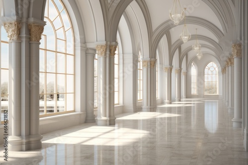 An endless arcade of arches  columns  and symmetrical windows stretches through a grand  white-walled building  evoking feelings of awe and wonder beneath its soaring ceilings and intricately molded 