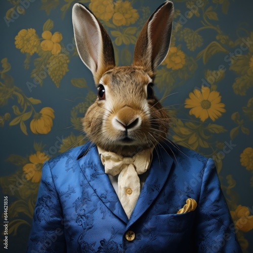 A whimsical bunny wearing a vibrant blue suit stands amongst a garden of flowers, embodying the joy of embracing one's unique style