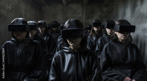 A group of people wearing futuristic virtual reality goggles and stylish headgear, from fedoras to beanies, stand together in a striking display of individual expression and technological exploration