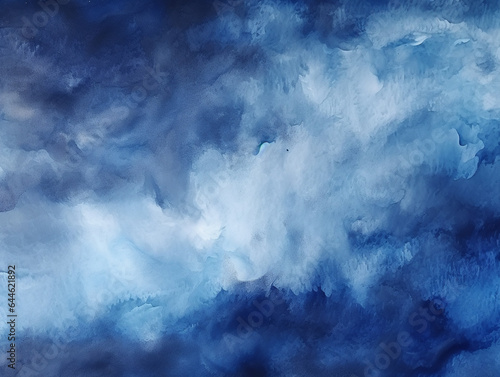 Chaotic brush strokes in black and navy blue create an abstract watercolor background, resembling a dramatic, stormy sky with clouds.