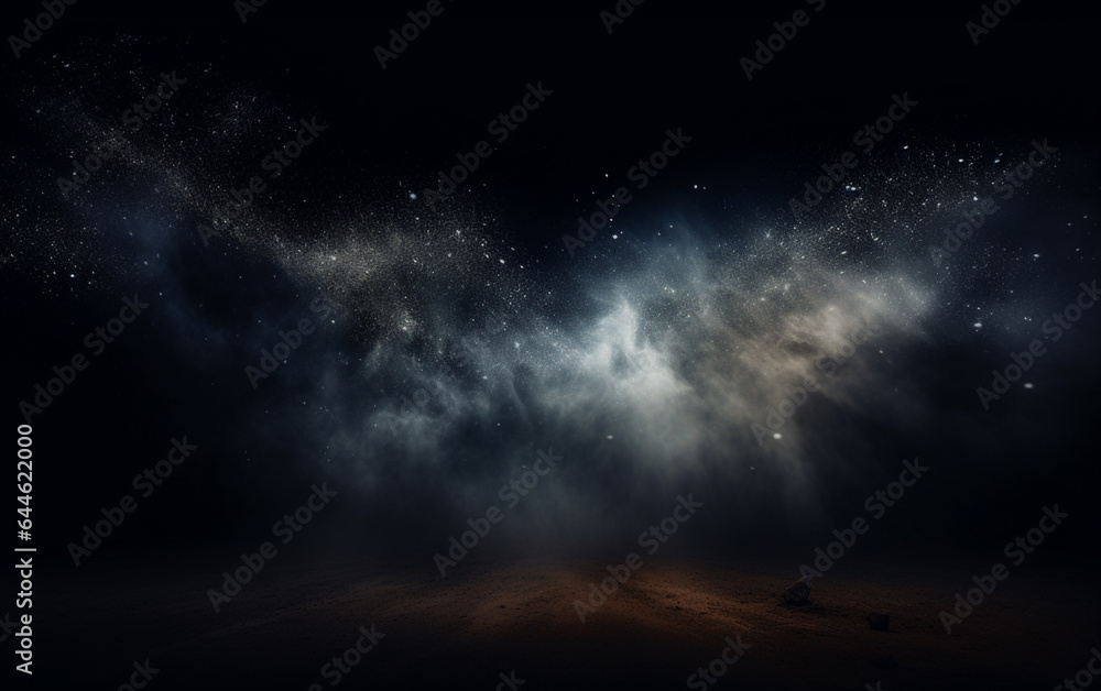 Background flying dust grains in a dark room with a dark dark background, Empty walls,  particles lights, smoke, glow, rays