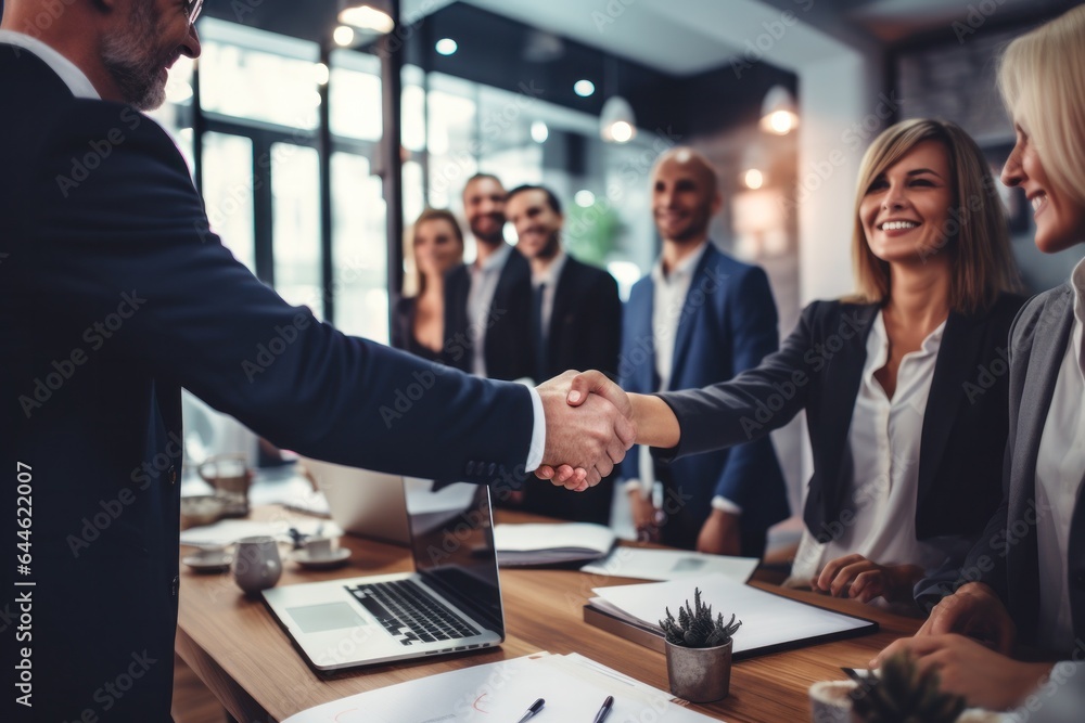 A business collaboration between two people is depicted in the image, with the man and woman smiling and shaking hands in their professional clothing, showing a successful job offer and a bright futu A business collaboration between two people is depicted in the image, with the man and woman smiling and shaking hands in their professional clothing, showing a successful job offer and a bright futu
