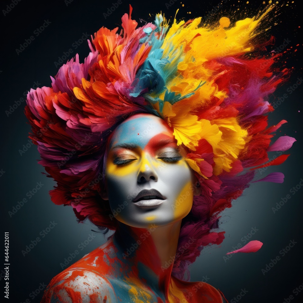 A stunning portrait of a vibrant woman with multicolored hair, showcasing her unique style and artistry through her eclectic clothing choices