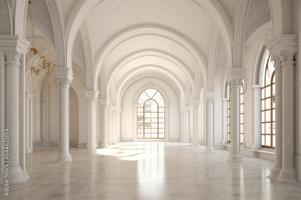 The majestic architecture of the large white room with its symmetrical arches and columns, vaulted ceiling, ornate moldings, and arcade of windows creates an awe-inspiring atmosphere of grandeur and 