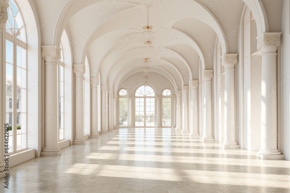 This majestic white hallway captivates with its grand arches, symmetrical columns, and elegant architecture, creating a timeless and dreamlike atmosphere of indoor arcade grandeur