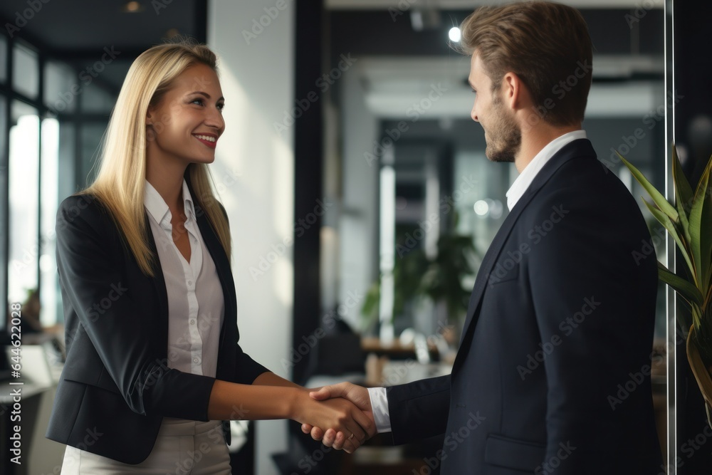 A smartly dressed businesswoman and man stand in a modern office discussing sustainability, their clasped hands signifying a new agreement between them A smartly dressed businesswoman and man stand in a modern office discussing sustainability, their clasped hands signifying a new agreement between them