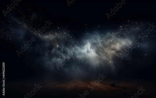 Background flying dust grains in a dark room with a dark dark background  Empty walls   particles lights  smoke  glow  rays