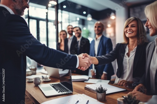A business collaboration between two people is depicted in the image, with the man and woman smiling and shaking hands in their professional clothing, showing a successful job offer and a bright futu