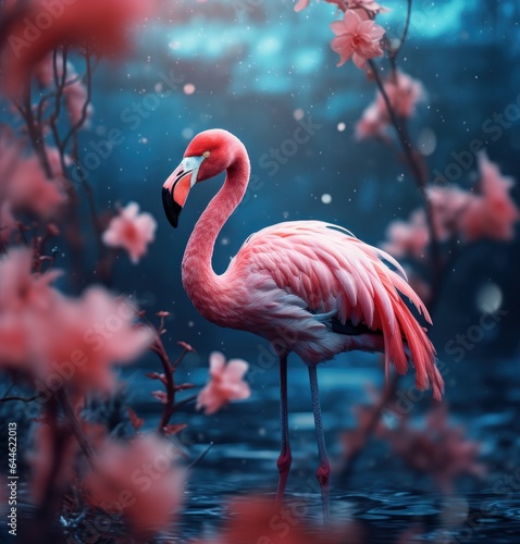 A vibrant pink flamingo stands tall amongst a sea of delicate flowers, its beak piercing the tranquil waters of its outdoor paradise
