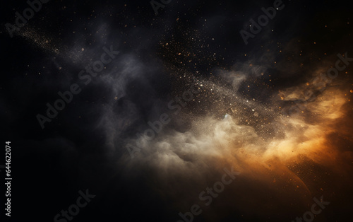 Background flying dust grains in a dark room with a dark dark background  Empty walls   particles lights  smoke  glow  rays