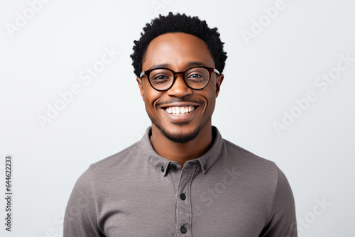 A joyful portrait of a Black man in glasses against a white backdrop.