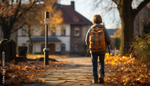 Child with schoolbag walking to school, back view, school time concept, autumn. 