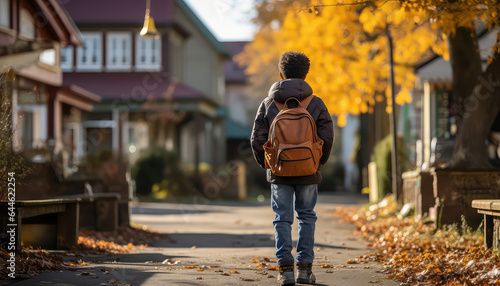 Child with schoolbag walking to school, back view, school time concept, autumn. 