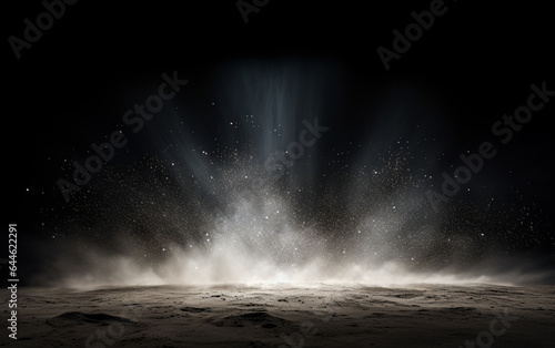Background flying dust grains in a dark room with a dark dark background, Empty walls,  particles lights, smoke, glow, rays © MUS_GRAPHIC