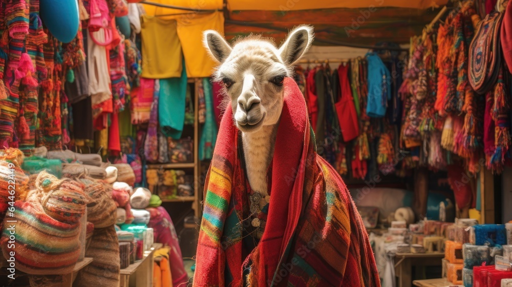 A furry, majestic llama stands proudly in a bustling market store, wrapped in a warm, comforting blanket, providing a sense of comfort and protection to all the other animals in the shop