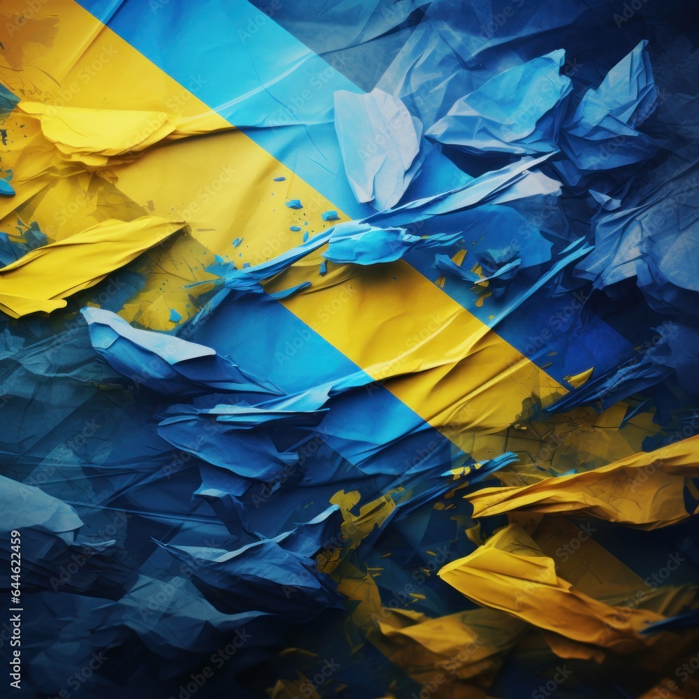 An abstract painting of yellow and blue crumpled paper sparks a wild imagination, evoking feelings of creativity and artistic exploration