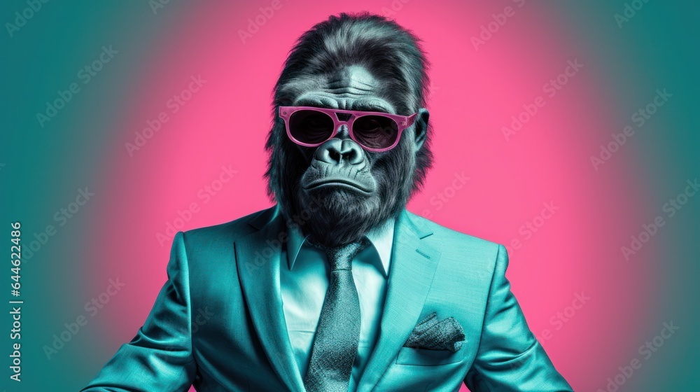 A portrait of a man wearing a stylish suit and sunglasses, exuding confidence and strength with his forehead held high, captures the essence of the wild and mysterious power of a gorilla A portrait of a man wearing a stylish suit and sunglasses, exuding confidence and strength with his forehead held high, captures the essence of the wild and mysterious power of a gorilla