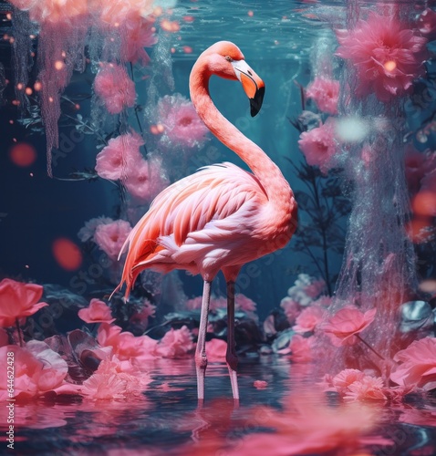A vibrant and wild flamingo stands proudly in the water surrounded by a sea of pink flowers, creating a stunningly beautiful outdoor scene