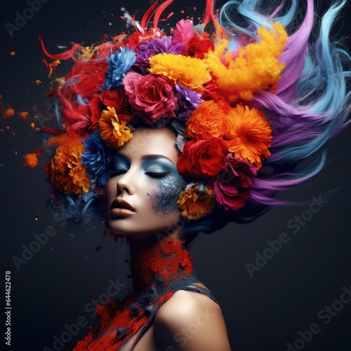 A vibrant woman adorned with a unique floral crown stands confidently in an eye-catching outfit, expressing her individual style and creativity © mockupzord