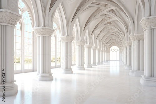 The vaulted arches of the old church building give an air of symmetry and grandeur to the long white hallway, with its arcade-style columns and ornate moldings adorning the floor © mockupzord