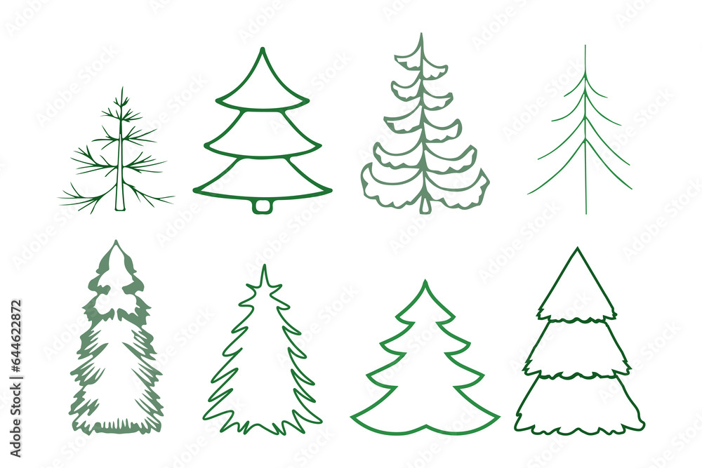 A set of illustrations of Christmas tree doodles, a vector sketch line. green christmas trees