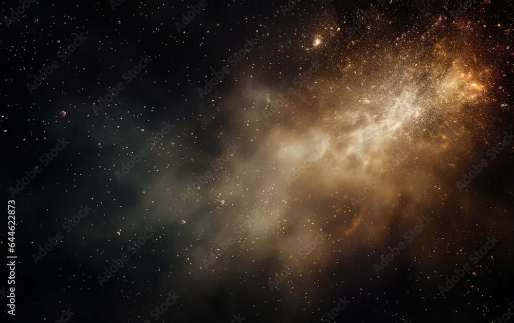 Fototapeta premium Background flying dust grains in a dark room with a dark dark background, Empty walls, particles lights, smoke, glow, rays